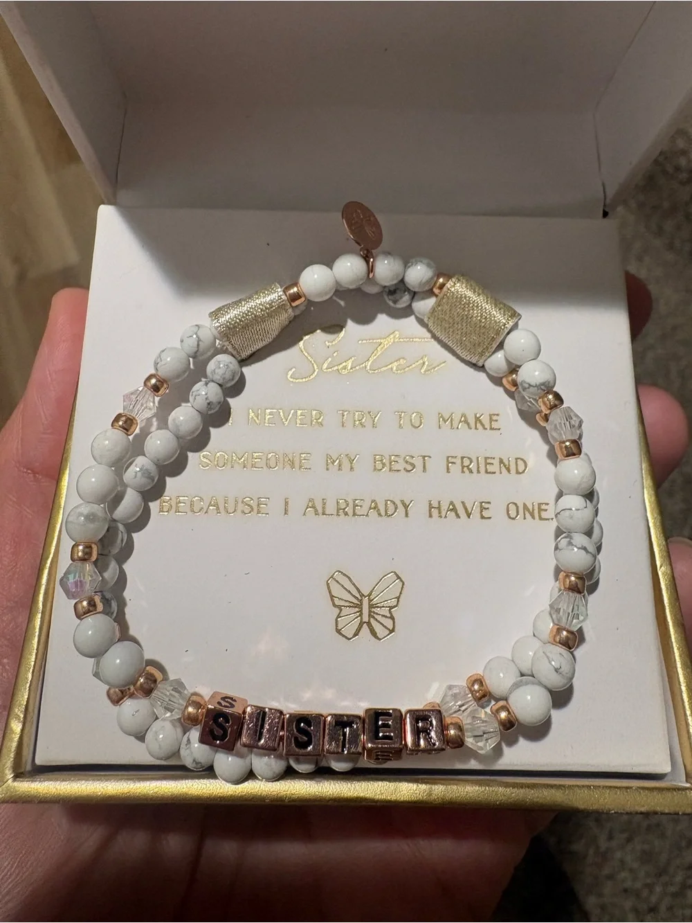 “Sister” White Beaded Bracelet with Rose Gold Accents